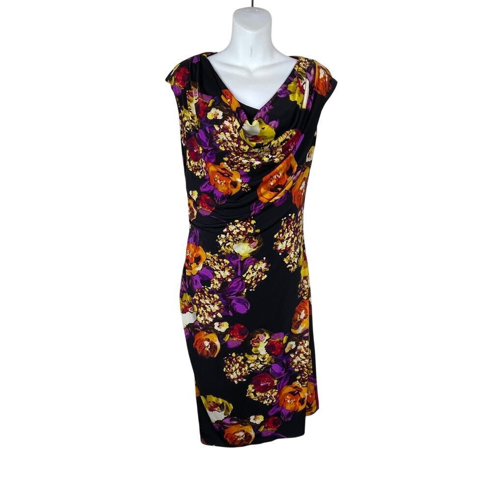 Ronni Nicole Dress 10 Black Floral Ruched Shift Knee Length Cowl Neck - Picture 1 of 7